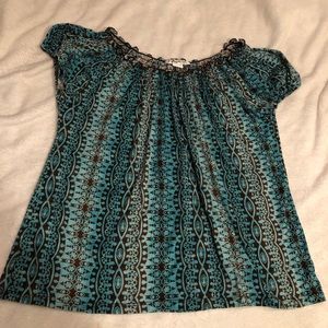 Claudia Richards top, blue-teal with brown pattern